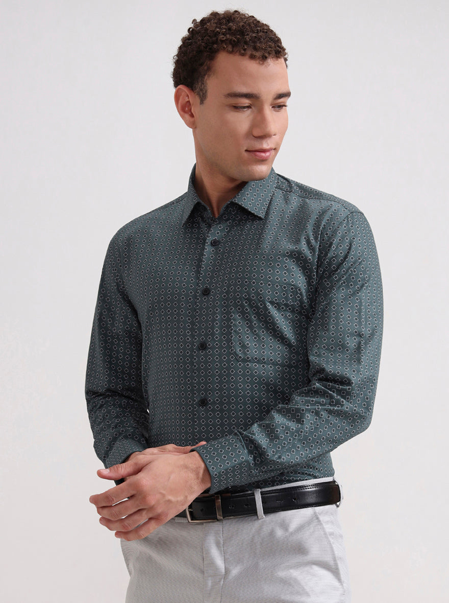 Green Printed Regular Fit Formal Shirt | JadeBlue