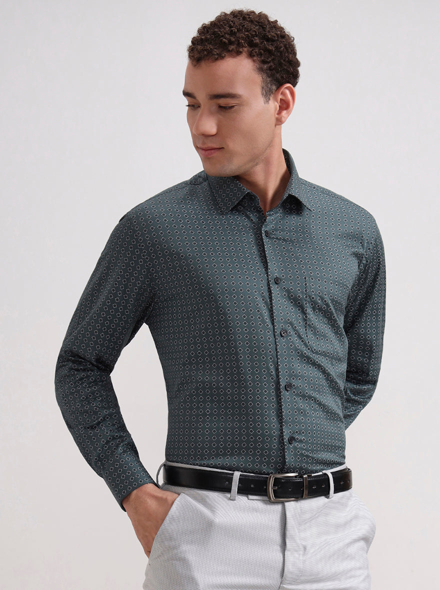Green Printed Regular Fit Formal Shirt | JadeBlue