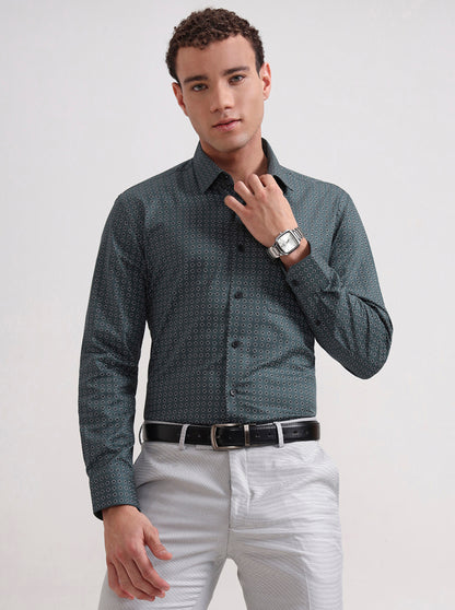 Green Printed Regular Fit Formal Shirt | JadeBlue