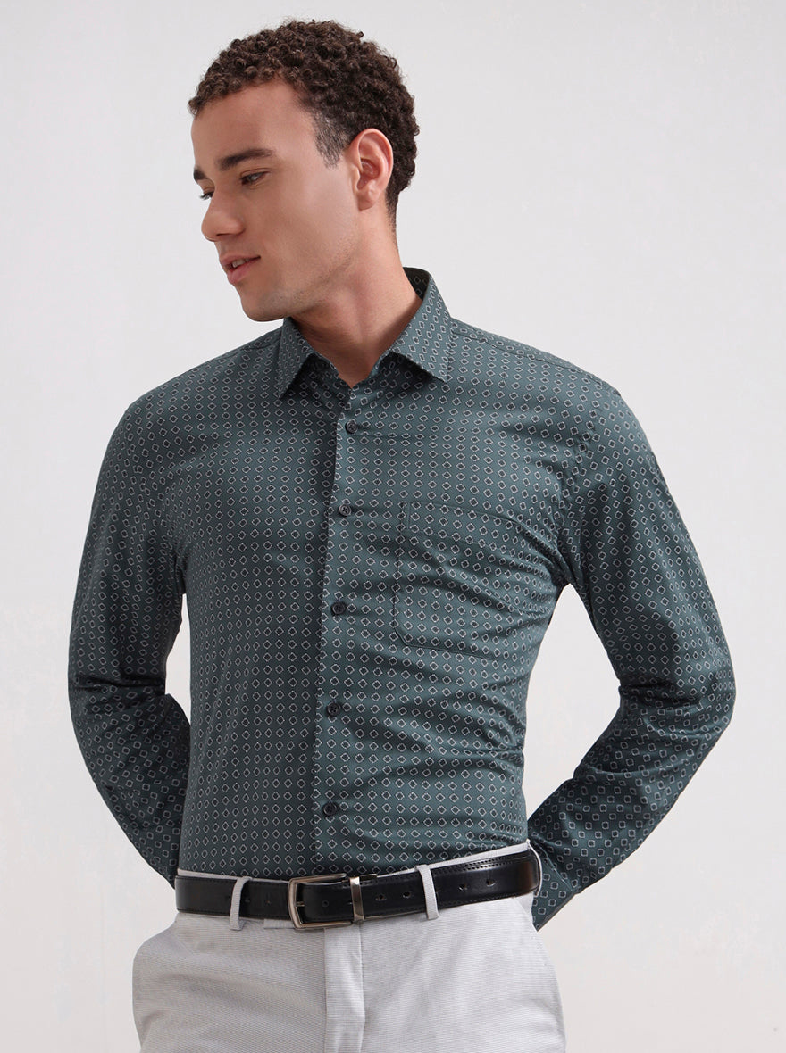 Green Printed Regular Fit Formal Shirt | JadeBlue