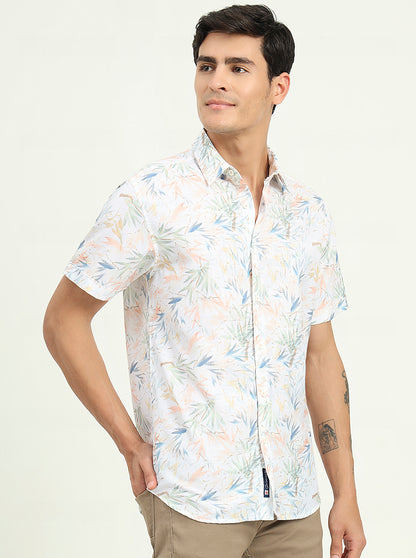 White & Orange Printed Slim Fit Casual Shirt | Greenfibre