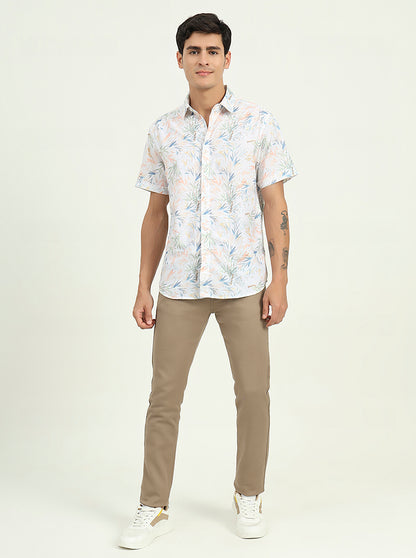White & Orange Printed Slim Fit Casual Shirt | Greenfibre