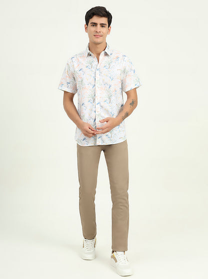 White & Orange Printed Slim Fit Casual Shirt | Greenfibre