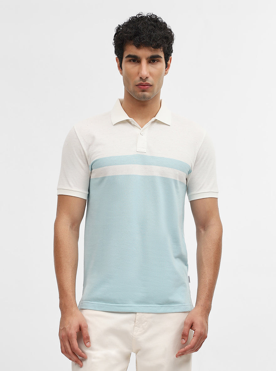 Sky Blue & Off White Striped Slim Fit Polo T-Shirt | Greenfibre