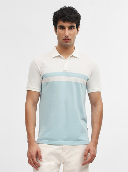 Sky Blue & Off White Striped Slim Fit Polo T-Shirt | Greenfibre