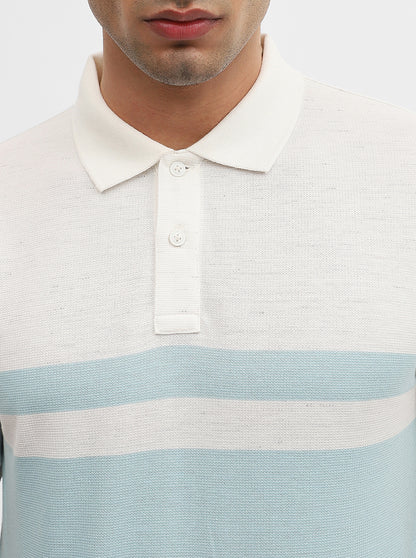 Sky Blue & Off White Striped Slim Fit Polo T-Shirt | Greenfibre