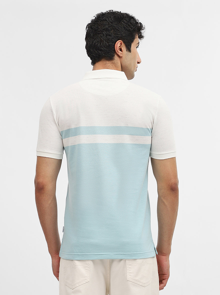 Sky Blue & Off White Striped Slim Fit Polo T-Shirt | Greenfibre