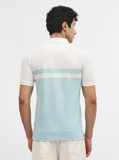 Sky Blue & Off White Striped Slim Fit Polo T-Shirt | Greenfibre