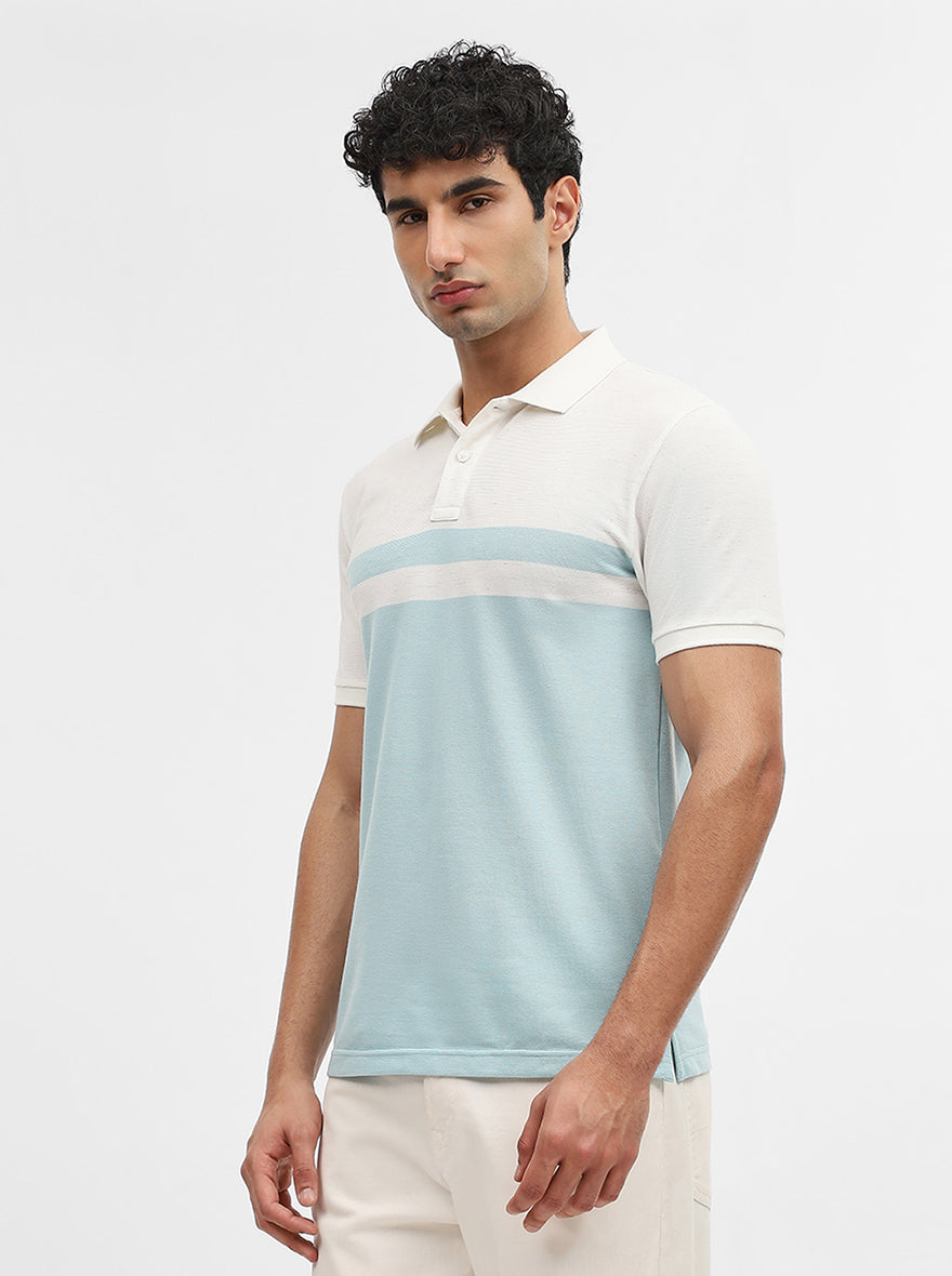 Sky Blue & Off White Striped Slim Fit Polo T-Shirt | Greenfibre