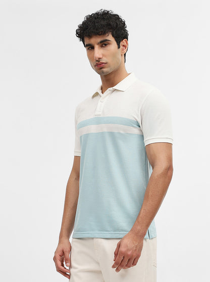 Sky Blue & Off White Striped Slim Fit Polo T-Shirt | Greenfibre