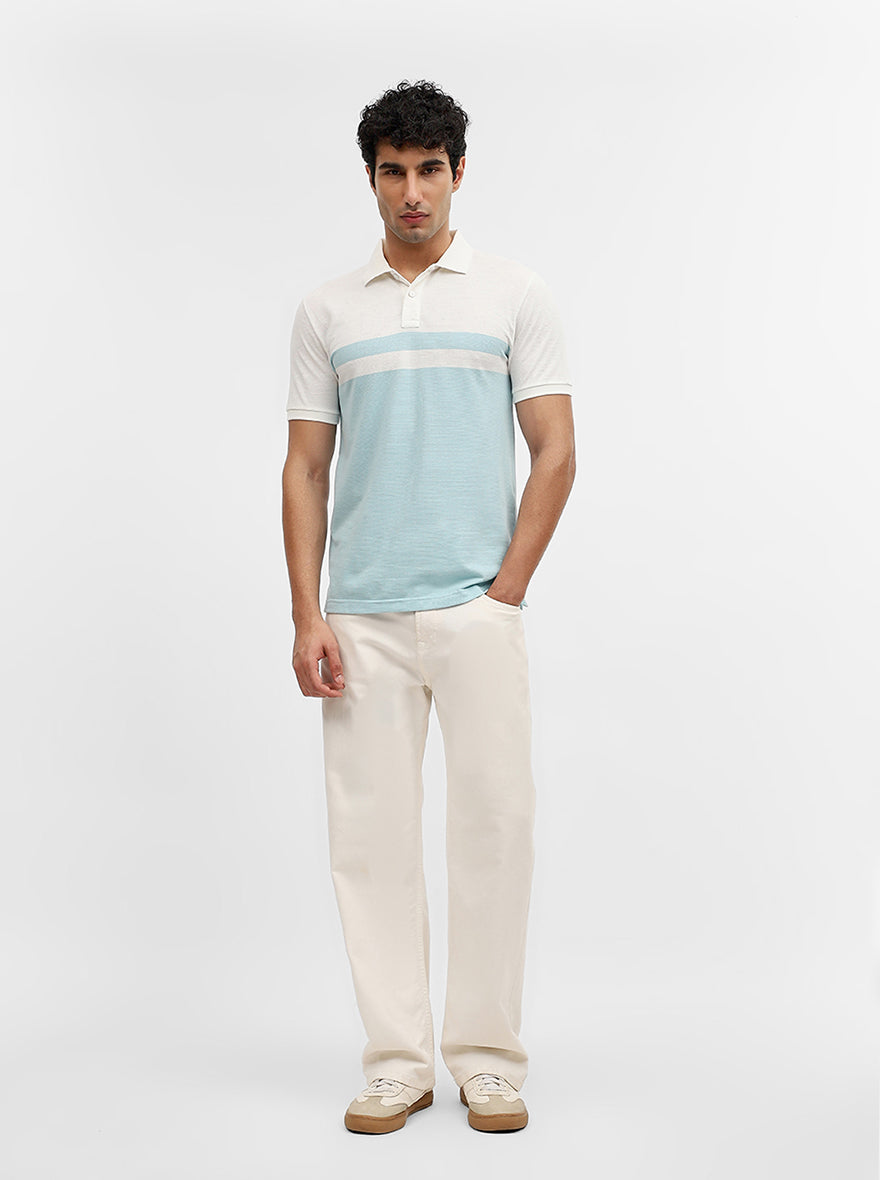 Sky Blue & Off White Striped Slim Fit Polo T-Shirt | Greenfibre