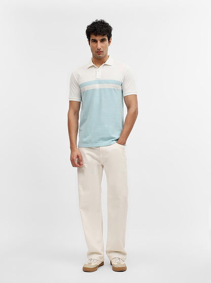 Sky Blue & Off White Striped Slim Fit Polo T-Shirt | Greenfibre
