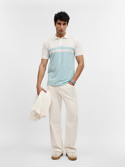 Sky Blue & Off White Striped Slim Fit Polo T-Shirt | Greenfibre