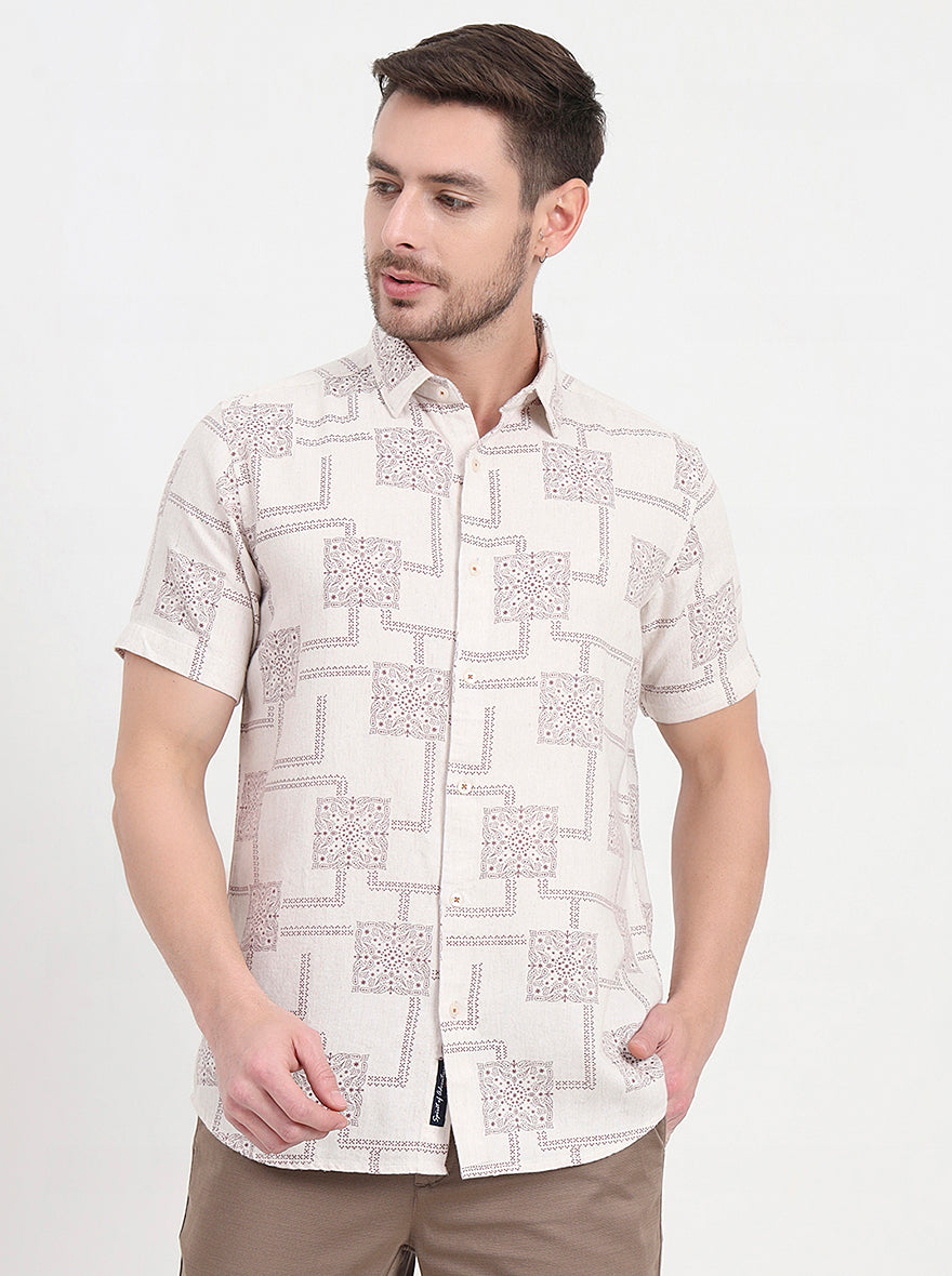Beige & Maroon Printed Slim Fit Casual Shirt | JadeBlue