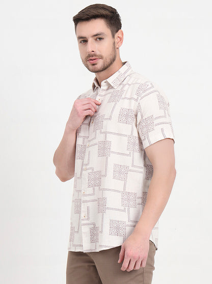 Beige & Maroon Printed Slim Fit Casual Shirt | JadeBlue