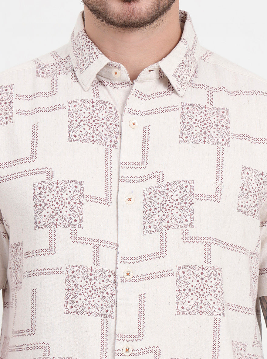 Beige & Maroon Printed Slim Fit Casual Shirt | JadeBlue