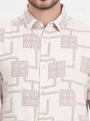 Beige & Maroon Printed Slim Fit Casual Shirt | JadeBlue