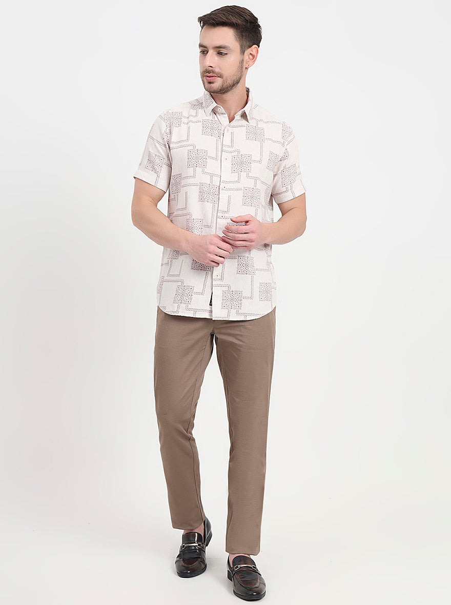 Beige & Maroon Printed Slim Fit Casual Shirt | JadeBlue