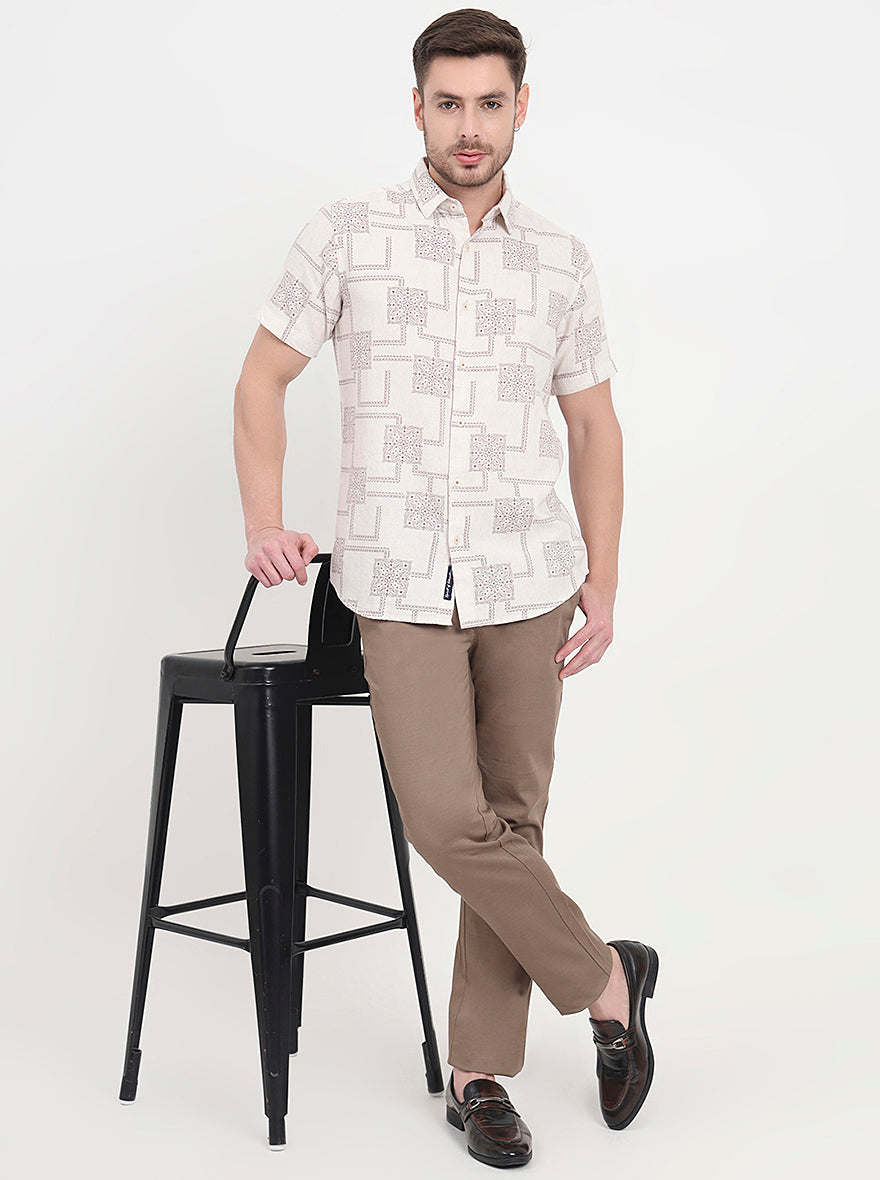 Beige & Maroon Printed Slim Fit Casual Shirt | JadeBlue
