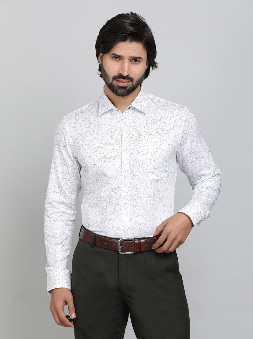 White Printed Slim Fit Formal Shirt | JadeBlue Youth