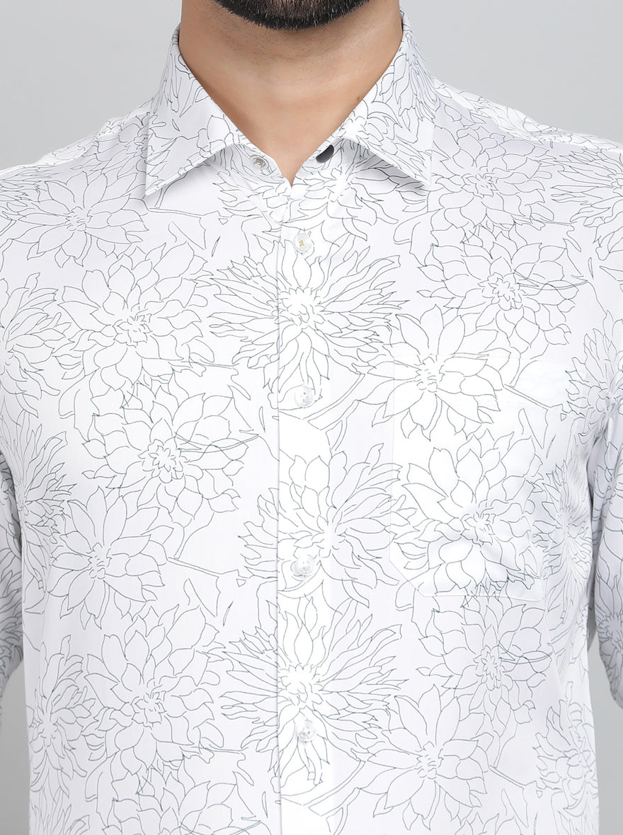 White Printed Slim Fit Formal Shirt | JadeBlue