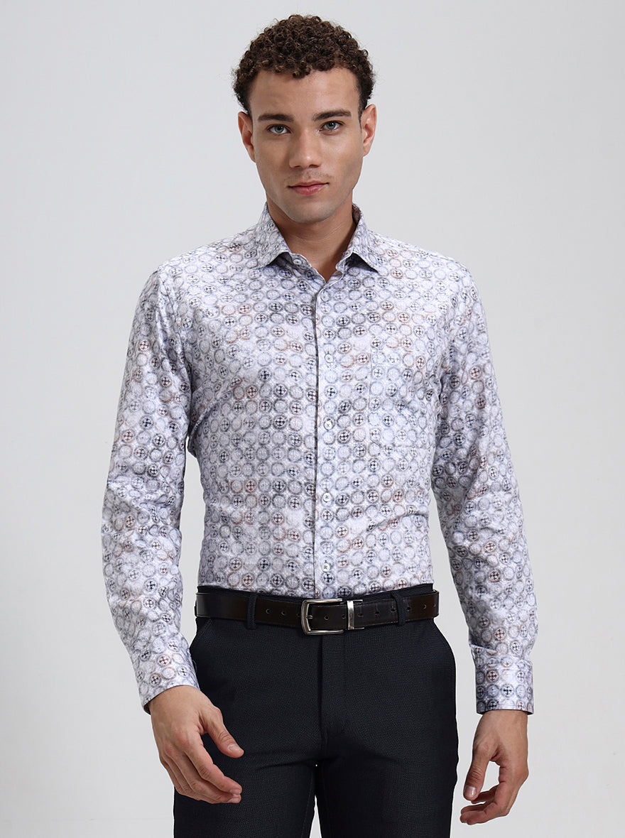 Grey  Printed Slim Fit Formal Shirt | Metal