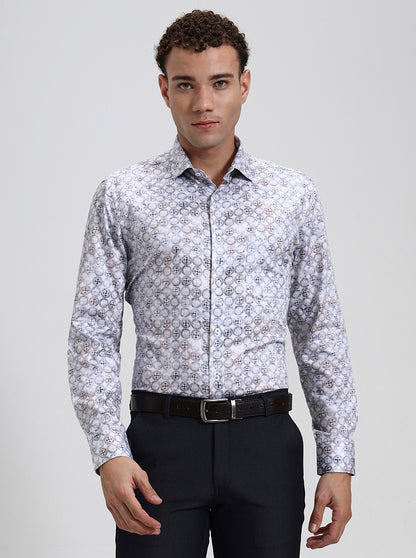 Grey  Printed Slim Fit Formal Shirt | Metal