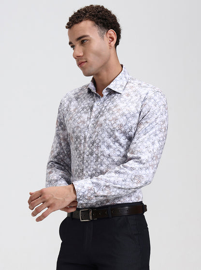 Grey  Printed Slim Fit Formal Shirt | Metal