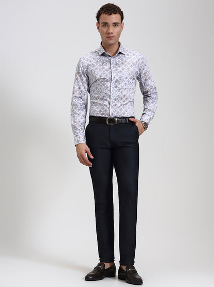 Grey  Printed Slim Fit Formal Shirt | Metal