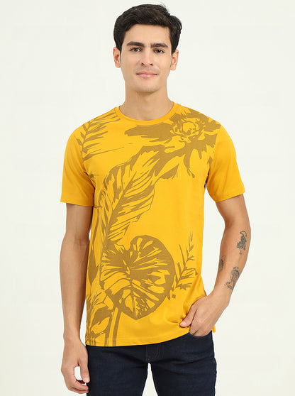 Golden Yellow Printed Slim Fit T-Shirt | Greenfibre