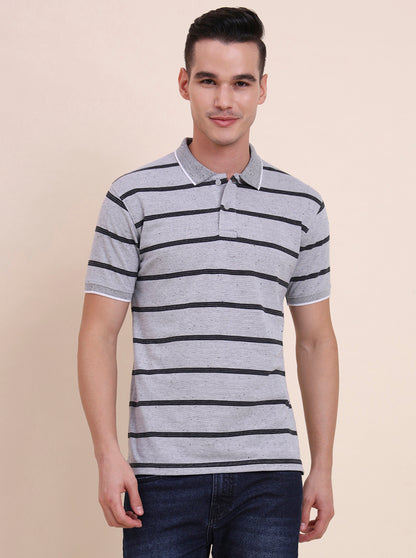 Grey & Black Striped Slim Fit Polo T-Shirt | Greenfibre