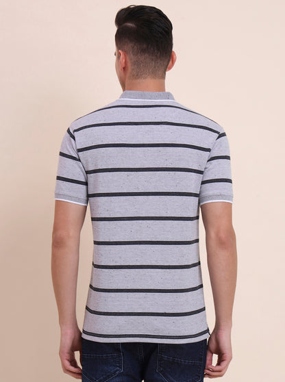 Grey & Black Striped Slim Fit Polo T-Shirt | Greenfibre