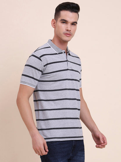 Grey & Black Striped Slim Fit Polo T-Shirt | Greenfibre