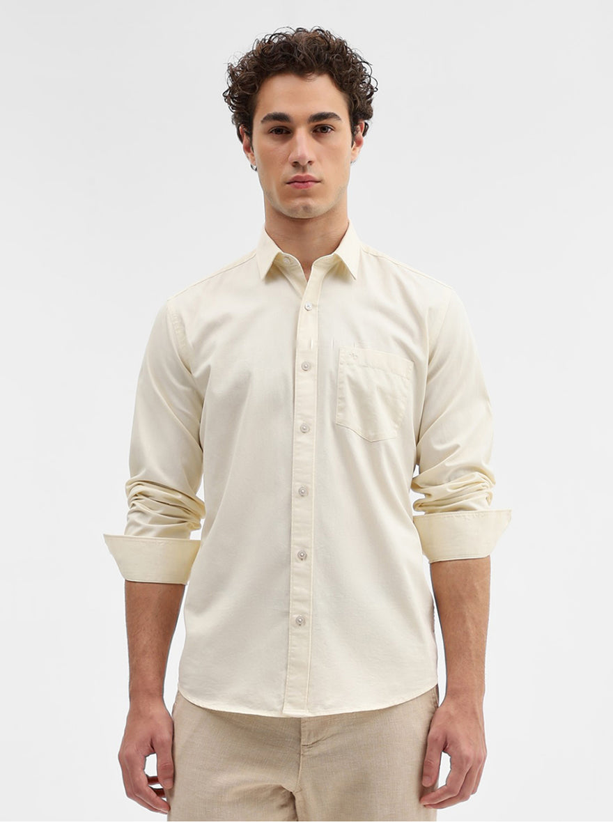 Cream Solid Tailored Fit Semi Casual Shirt | JadeBlue