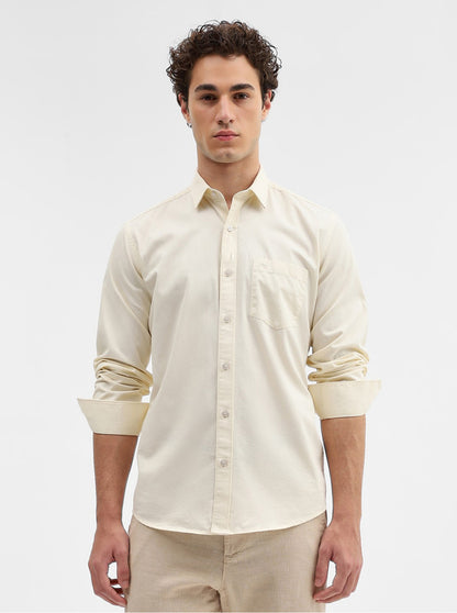Cream Solid Tailored Fit Semi Casual Shirt | JadeBlue