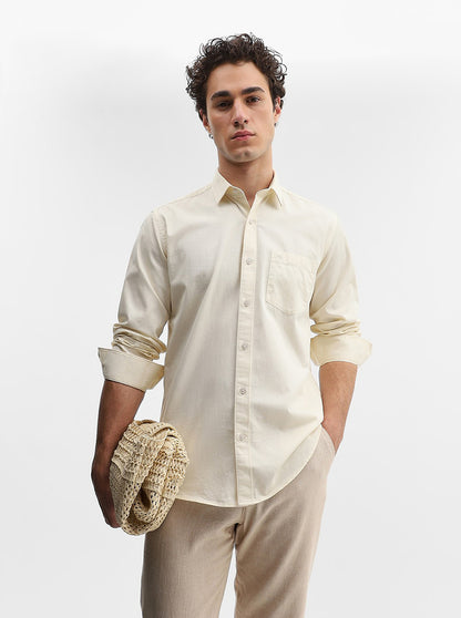 Cream Solid Tailored Fit Semi Casual Shirt | JadeBlue