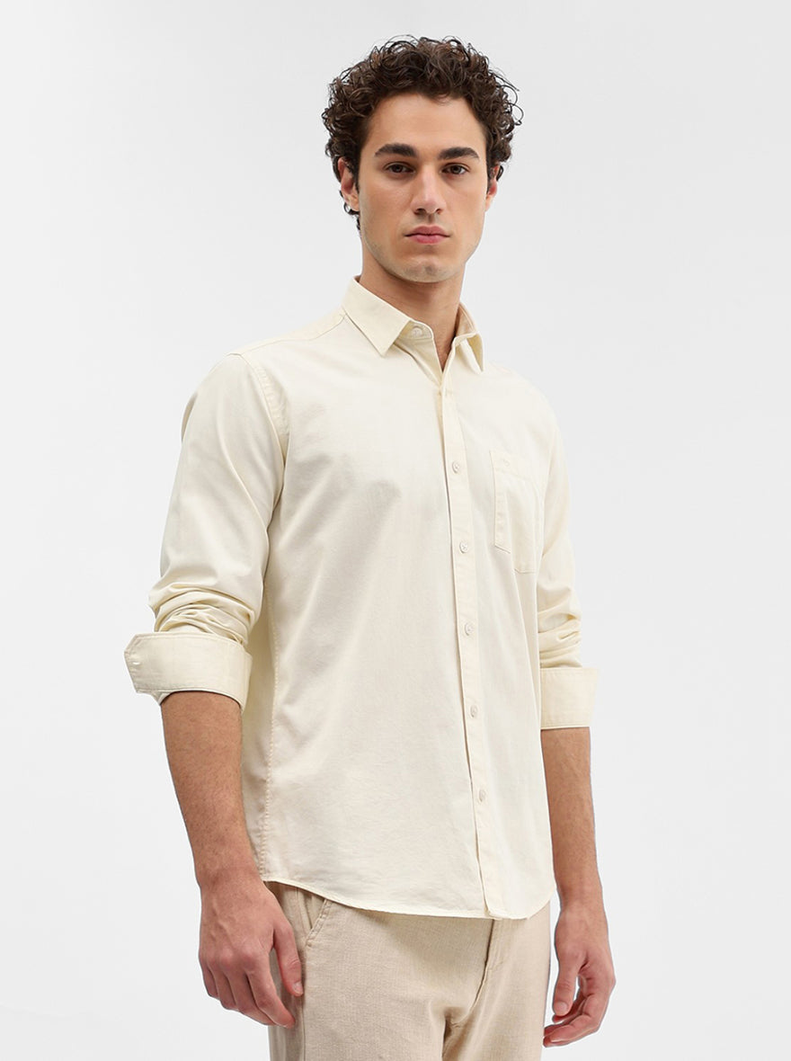 Cream Solid Tailored Fit Semi Casual Shirt | JadeBlue