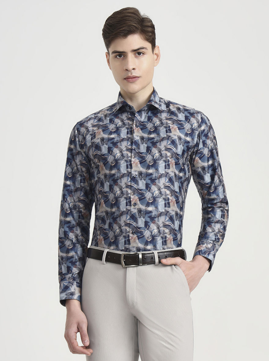 Blue Printed Slim Fit Party Wear Shirt | Greenfibre