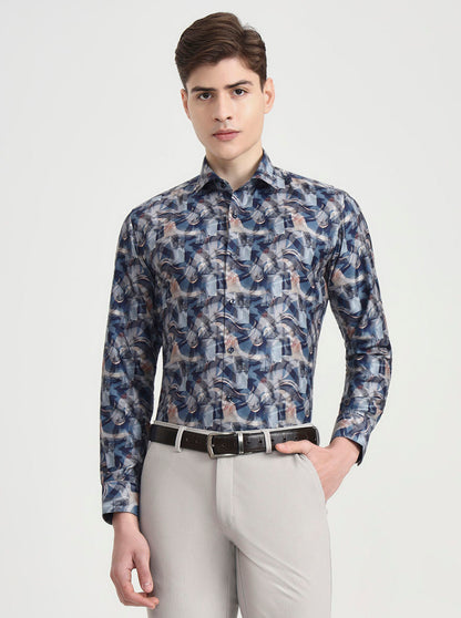 Blue Printed Slim Fit Party Wear Shirt | Greenfibre
