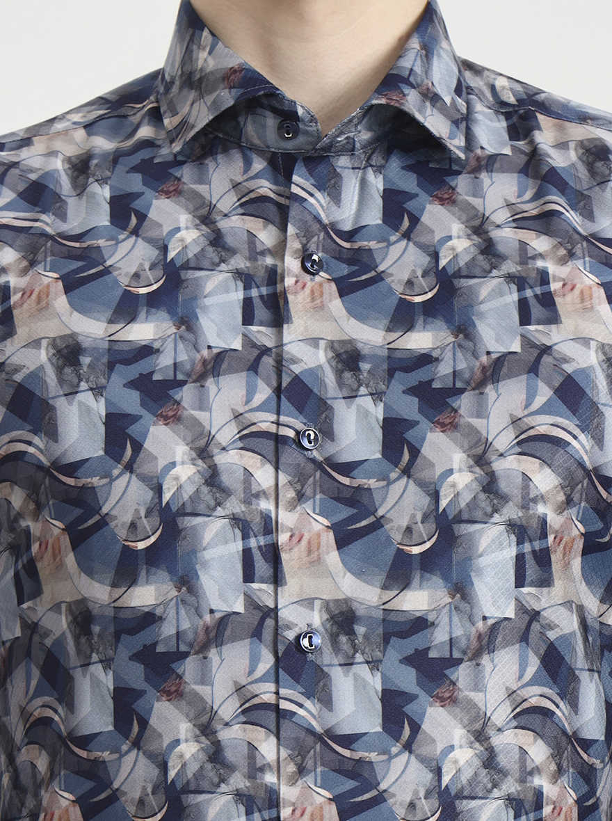Blue Printed Slim Fit Party Wear Shirt | Greenfibre