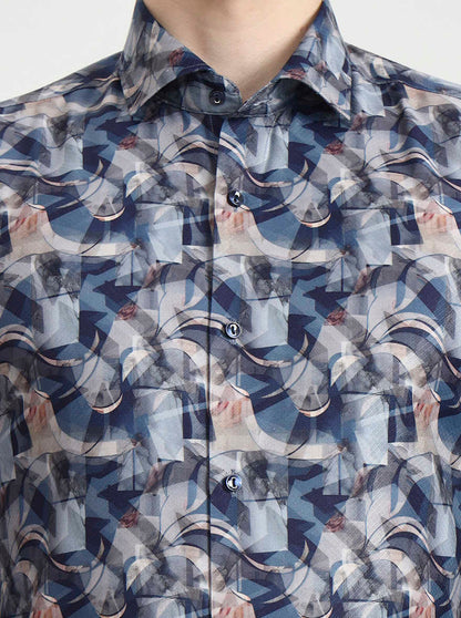 Blue Printed Slim Fit Party Wear Shirt | Greenfibre
