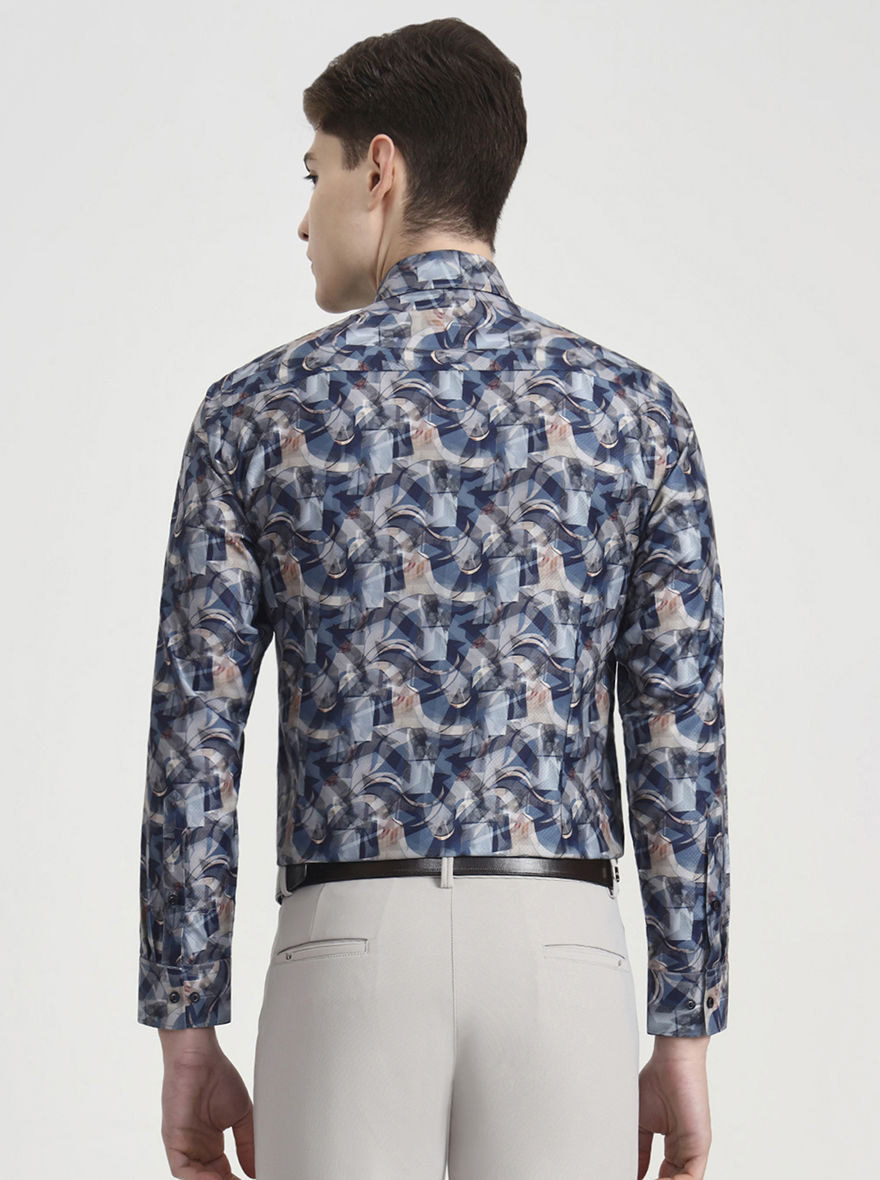 Blue Printed Slim Fit Party Wear Shirt | Greenfibre