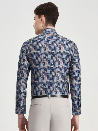 Blue Printed Slim Fit Party Wear Shirt | Greenfibre