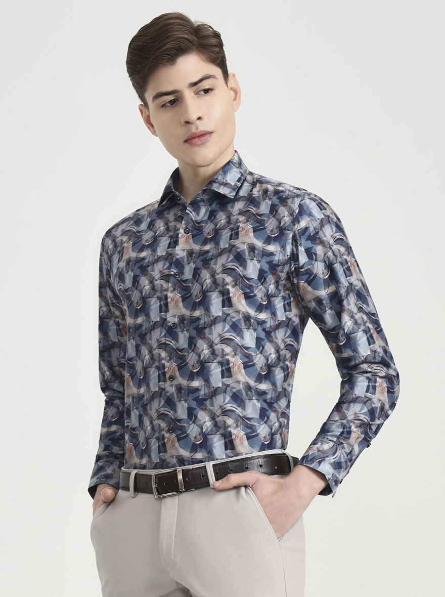 Blue Printed Slim Fit Party Wear Shirt | Greenfibre