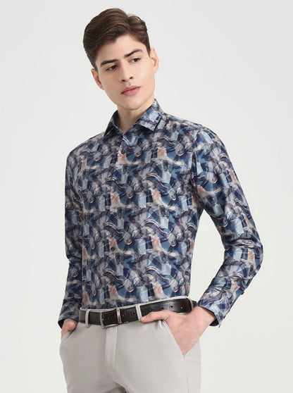 Blue Printed Slim Fit Party Wear Shirt | Greenfibre