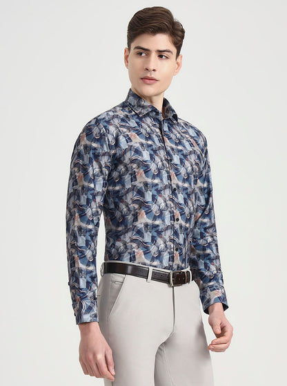 Blue Printed Slim Fit Party Wear Shirt | Greenfibre