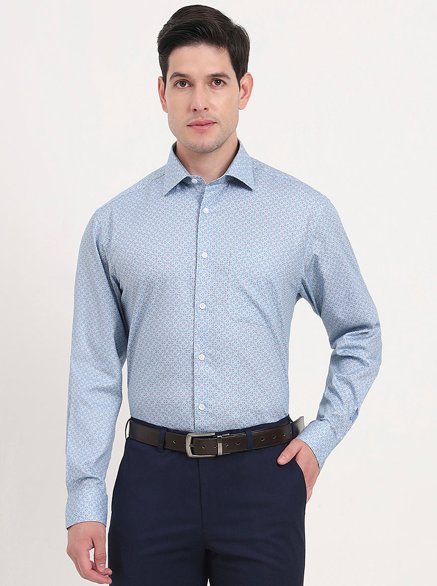 Blue Printed Regular Fit Formal Shirt | JadeBlue
