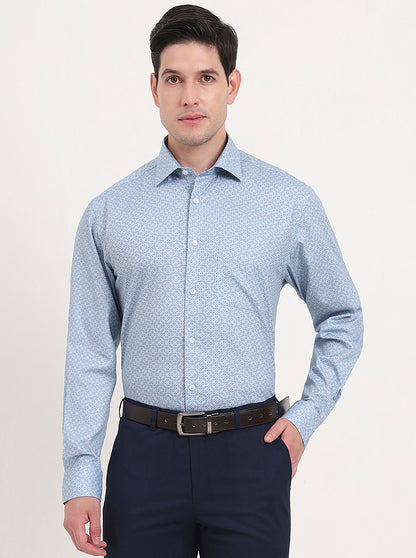 Blue Printed Regular Fit Formal Shirt | JadeBlue