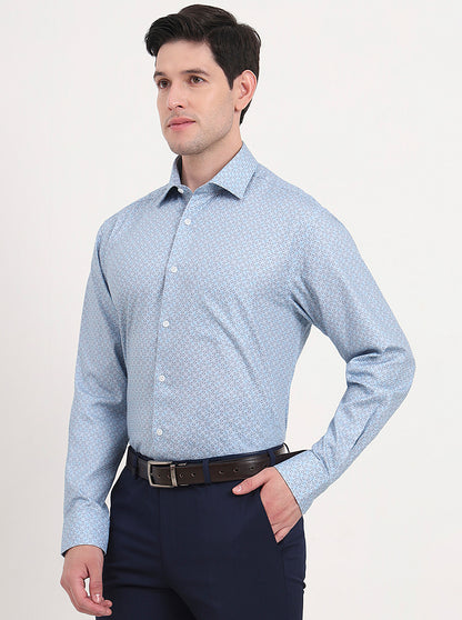 Blue Printed Regular Fit Formal Shirt | JadeBlue