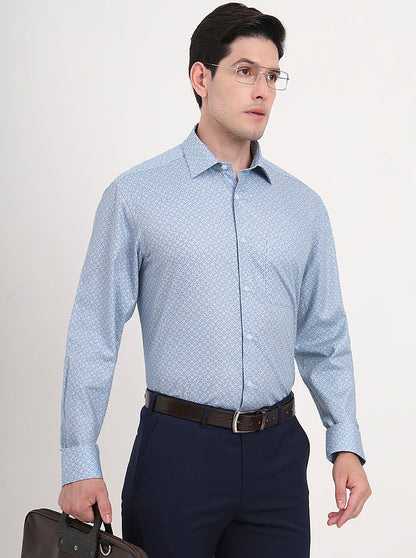 Blue Printed Regular Fit Formal Shirt | JadeBlue